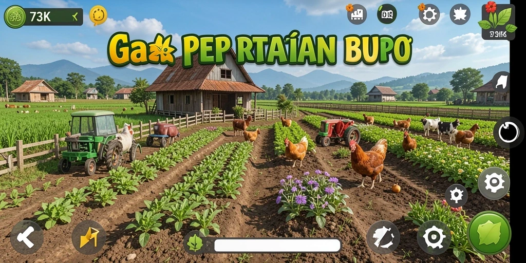 Screenshot utama menampilkan gameplay pertanian di 73K dengan ladang yang subur.