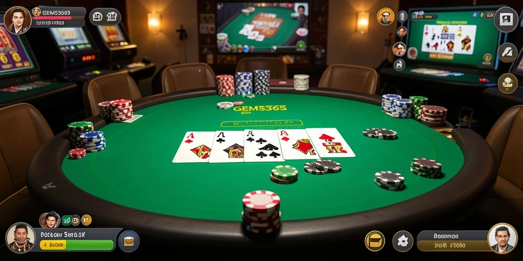Screenshot GEMS365 menunjukkan suasana permainan poker yang mendebarkan.
