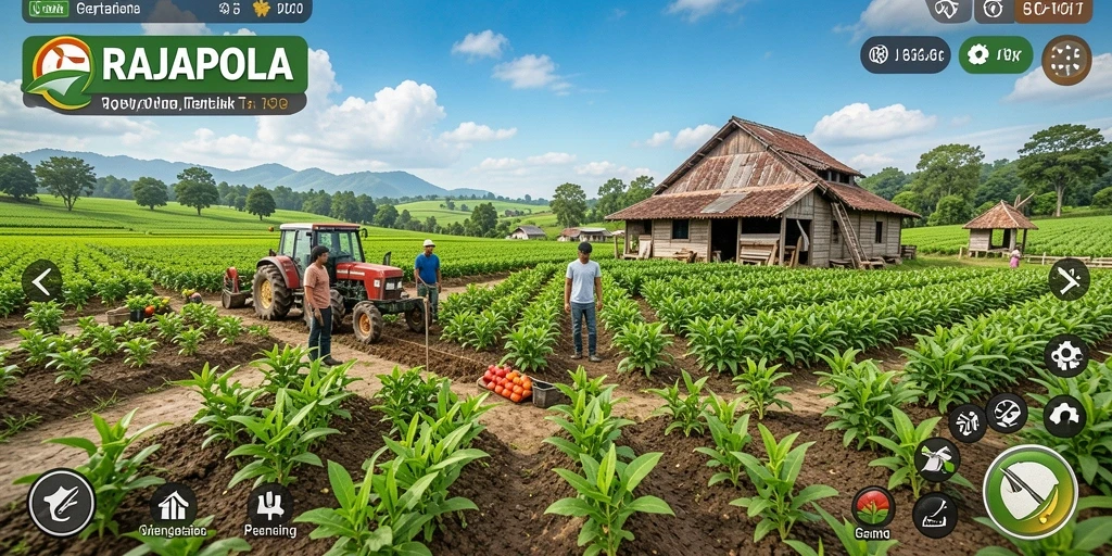 Screenshot gameplay RAJAPOLA menampilkan ladang hijau dan aktivitas bertani.